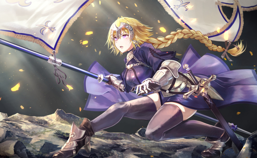 1girl armor armored_boots armored_dress black_legwear blonde_hair boots braid brat breasts capelet chains fate/apocrypha fate_(series) flag fur_trim gauntlets hair_ribbon headpiece high_heel_boots high_heels highres large_breasts looking_away parted_lips pink_eyes ribbon ruler_(fate/apocrypha) single_braid solo sparks sword thigh-highs weapon