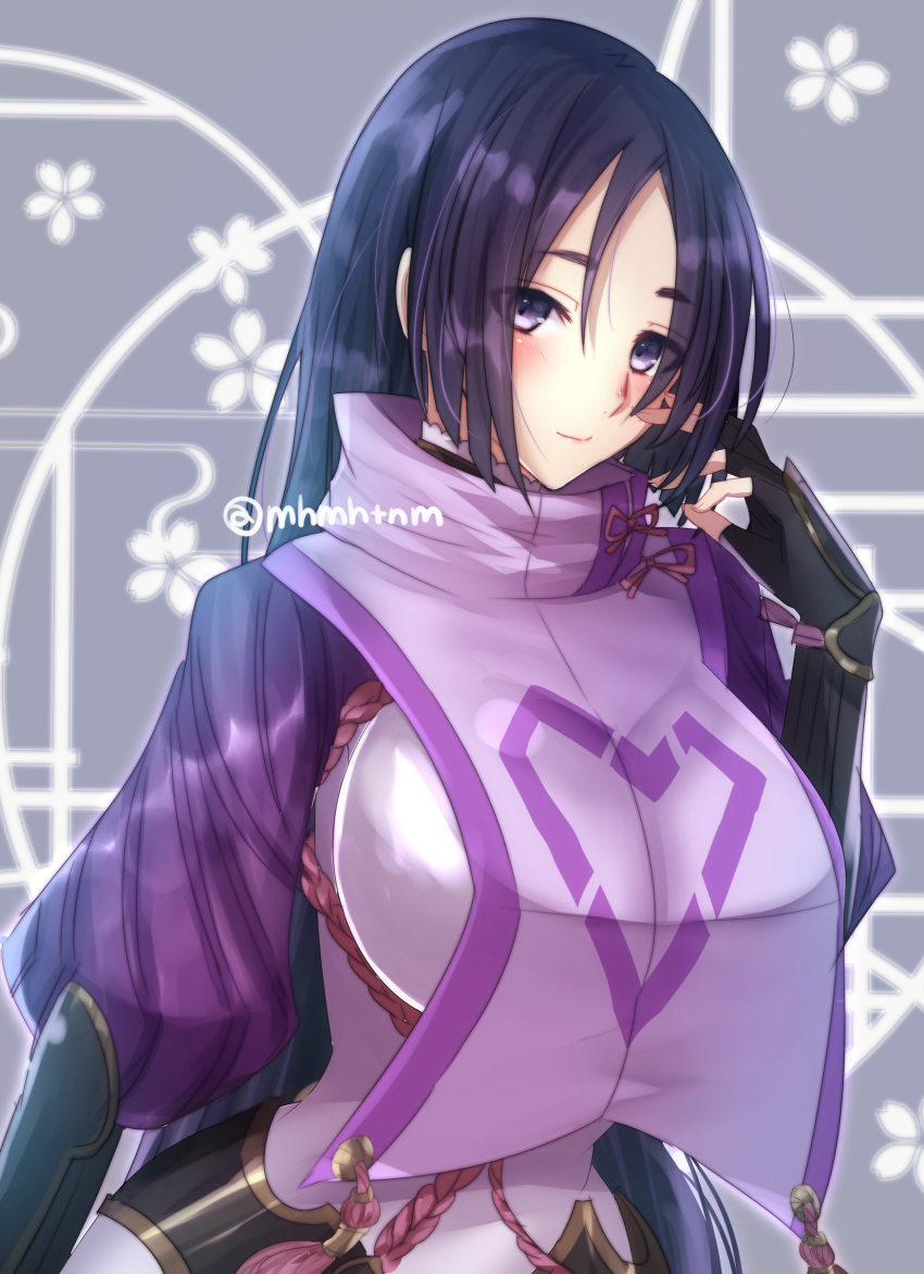 1girl absurdres black_gloves blush bracer breasts closed_mouth eyes_visible_through_hair fate/grand_order fate_(series) gloves hair_between_eyes highres japanese_clothes large_breasts long_hair looking_at_viewer minamoto_no_raikou_(fate/grand_order) puffy_sleeves purple_hair short_eyebrows smile solo tabard tanaji twitter_username upper_body violet_eyes