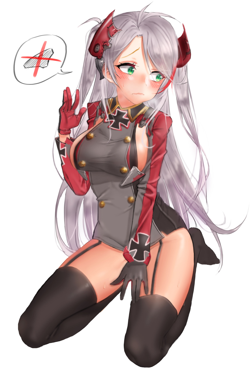 1girl absurdres alternate_eye_color antenna_hair azur_lane bangs black_gloves black_legwear blush bow bow_panties breasts buttons covering covering_crotch eun_bari eyebrows eyelashes facing_away full_body gloves green_eyes groin hair_intakes headgear highres iron_cross legs_apart lips long_hair long_sleeves looking_away looking_to_the_side medium_breasts military military_uniform multicolored multicolored_clothes multicolored_gloves no_bra no_panties panties pink_lips prinz_eugen_(azur_lane) red_gloves silver_hair simple_background sitting solo speech_bubble spoken_object striped striped_panties sweat swept_bangs taut_clothes thigh-highs two_side_up underwear uniform very_long_hair wariza wavy_mouth white_background zettai_ryouiki