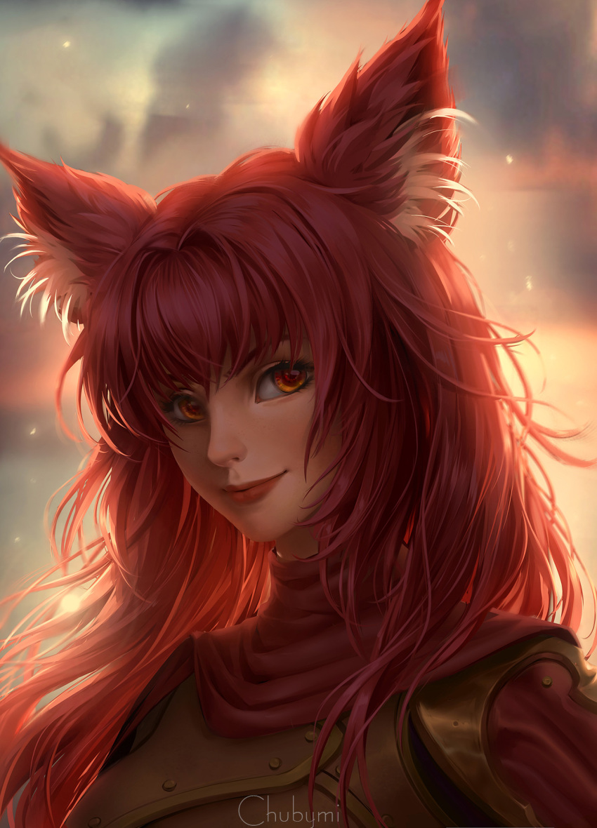 1girl animal_ears artist_name chuby_mi closed_mouth commission fox_ears highres long_hair looking_at_viewer nose original portrait red_lips redhead solo upper_body yellow_eyes
