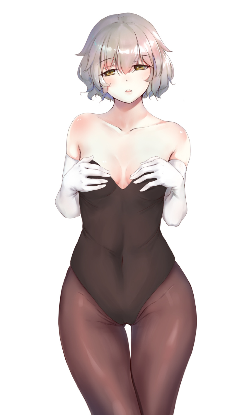 1girl absurdres bangs bare_shoulders black_leotard body_blush breasts brown_legwear bunnysuit collarbone commentary_request covered_navel elbow_gloves eyebrows_visible_through_hair fei_mao gloves gluteal_fold groin groin_tendon hair_between_eyes half-closed_eyes hands_on_own_chest hands_up highres legs_together leotard looking_at_viewer original pantyhose parted_lips round_teeth shiny shiny_hair short_hair shoulder_blush silver_hair simple_background small_breasts solo standing strapless strapless_leotard teeth thigh_gap upper_teeth white_background white_gloves
