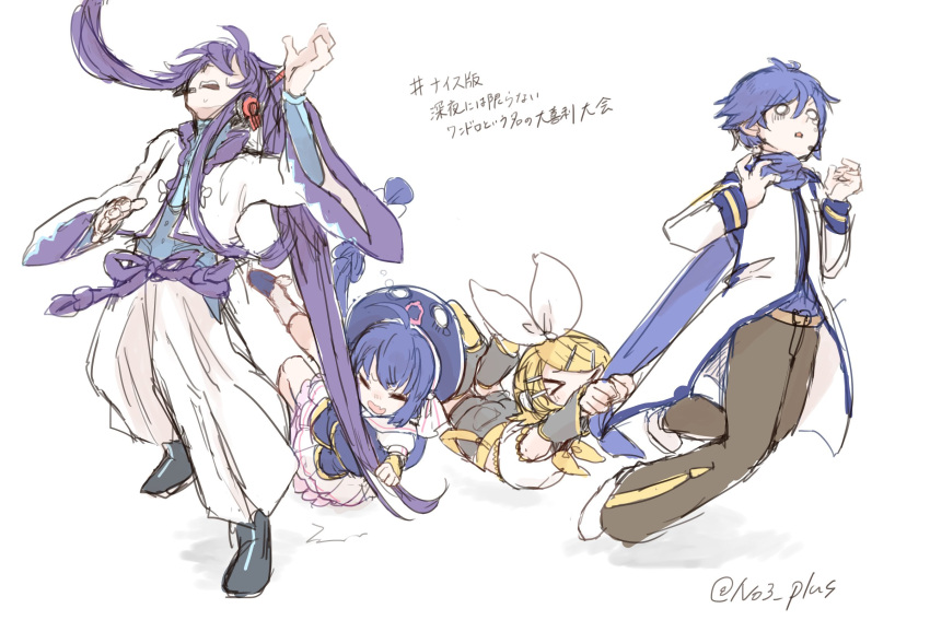 2boys 2girls blonde_hair blue_hair closed_eyes hair_ornament hair_ribbon hairclip headset highres kagamine_rin kaito kamui_gakupo long_hair multiple_boys multiple_girls otomachi_una ponytail purple_hair ribbon scarf shorts sleeveless surprised twitter_username very_long_hair vocaloid