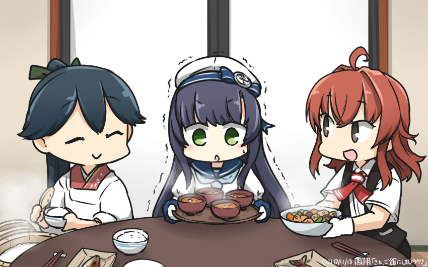 3girls :d ahoge arashi_(kantai_collection) black_hair bowl brown_eyes dated gloves green_eyes hair_ribbon hamu_koutarou hat highres houshou_(kantai_collection) kantai_collection kappougi long_hair matsuwa_(kantai_collection) miso_soup multiple_girls nikujaga_(food) open_mouth plate ponytail redhead ribbon rice rice_bowl rice_spoon school_uniform serafuku short_hair smile table trembling white_gloves