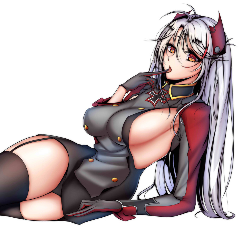 1girl azur_lane black_legwear breasts double-breasted garter_straps gloves grey_gloves headgear highres large_breasts long_hair looking_at_viewer open_mouth orange_eyes prinz_eugen_(azur_lane) sideboob silver_hair sitting solo tetsu_(excalibur920) thigh-highs tongue tongue_out very_long_hair