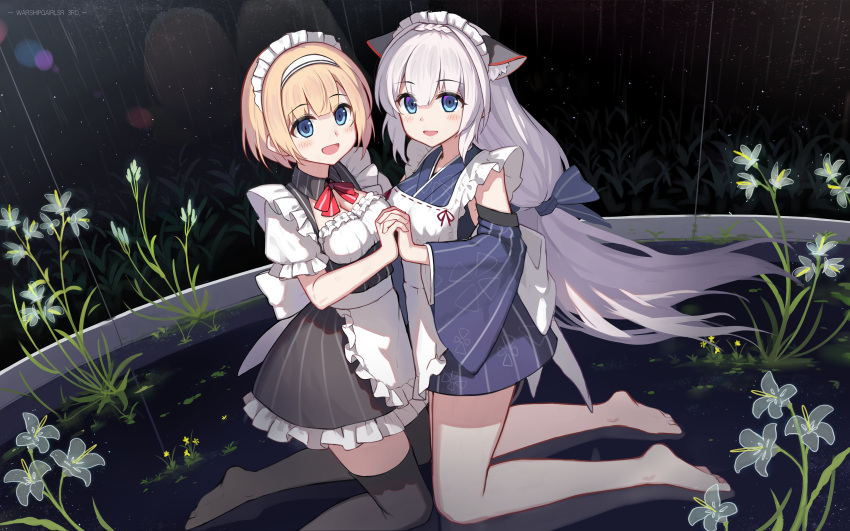 absurdres alternate_costume animal_ears apron blonde_hair blue_eyes breasts cat_ears cleavage detached_sleeves enmaided flower frilled_apron frills hand_holding highres japanese_clothes kneeling long_hair looking_at_viewer maid maid_apron maid_headdress rain silver_hair thigh-highs yuri_shoutu z18_hans_ludemann_(zhan_jian_shao_nyu) zhan_jian_shao_nyu