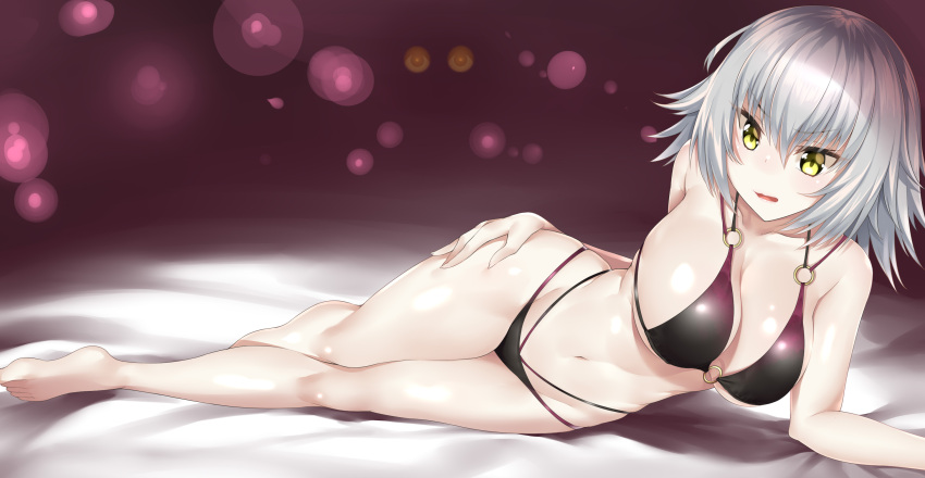 1girl arm_support bangs bare_arms bare_legs bare_shoulders barefoot bed_sheet bikini black_bikini breasts cleavage collarbone commentary_request eyebrows_visible_through_hair fate/grand_order fate_(series) full_body groin hair_between_eyes hand_on_own_thigh highres jeanne_alter large_breasts legs light_particles looking_away lying medium_hair navel o-ring_bikini o-ring_top on_side open_mouth pale_skin purple_background ruler_(fate/apocrypha) shiny shiny_clothes shiny_skin silver_hair solo swimsuit tsurime wa_to_su wavy_mouth yellow_eyes