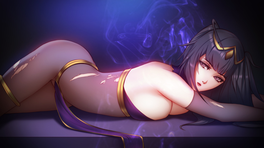 1girl absurdres arm_up bangs black_hair blunt_bangs bodystocking bodysuit breasts cleavage dark_background detached_sleeves fire_emblem fire_emblem:_kakusei hair_ornament highres lips long_hair looking_at_viewer lying medium_breasts on_stomach parted_lips patreon_reward pelvic_curtain pink_lady_mage solo strapless tharja thighlet tiara torn_bodysuit torn_clothes tubetop violet_eyes