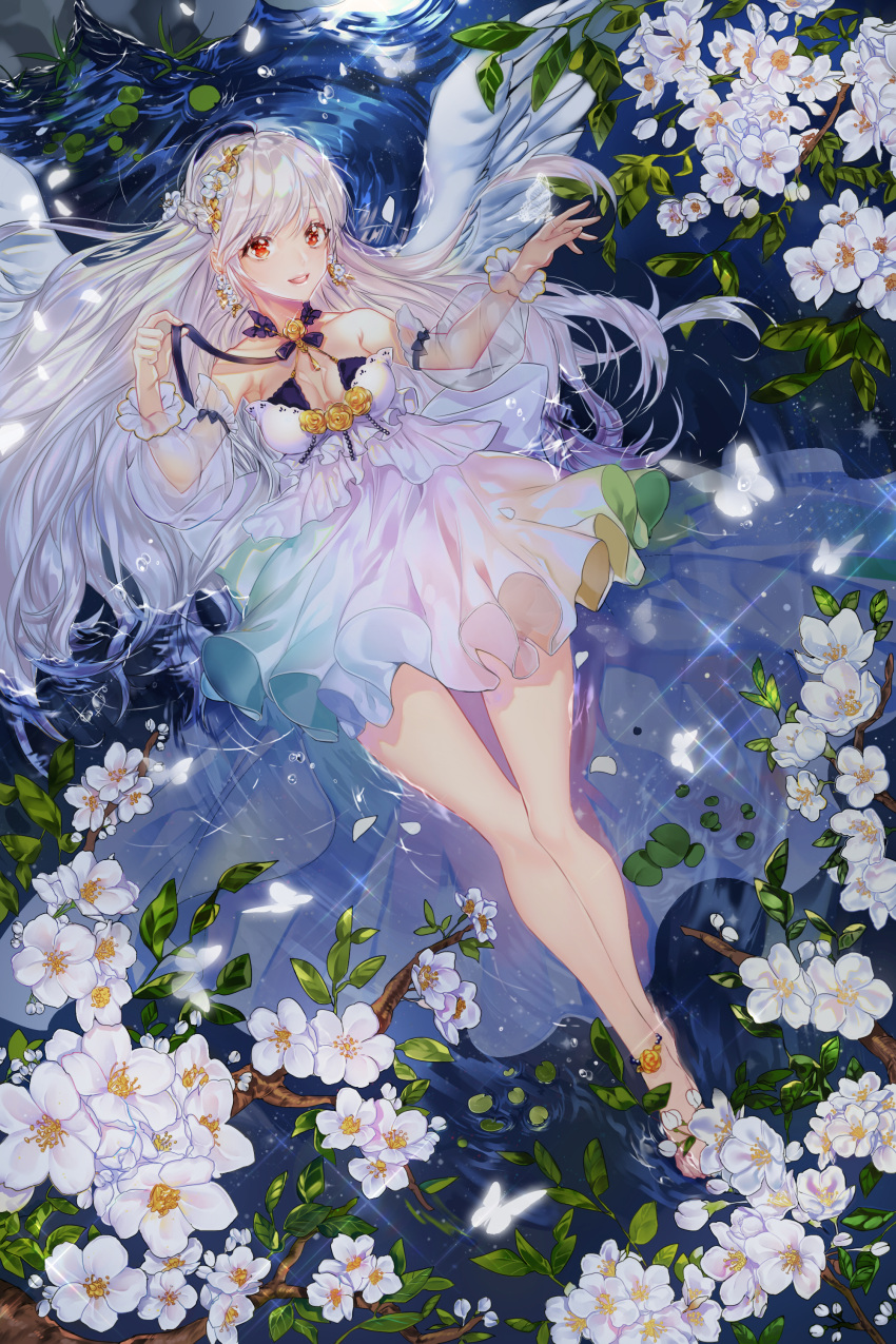 1girl absurdres angel_wings bare_shoulders barefoot blush breasts cleavage commission eyebrows_visible_through_hair flower full_body highres kimpeul long_hair looking_at_viewer lying medium_breasts on_back open_mouth original red_eyes smile solo water white_hair wings