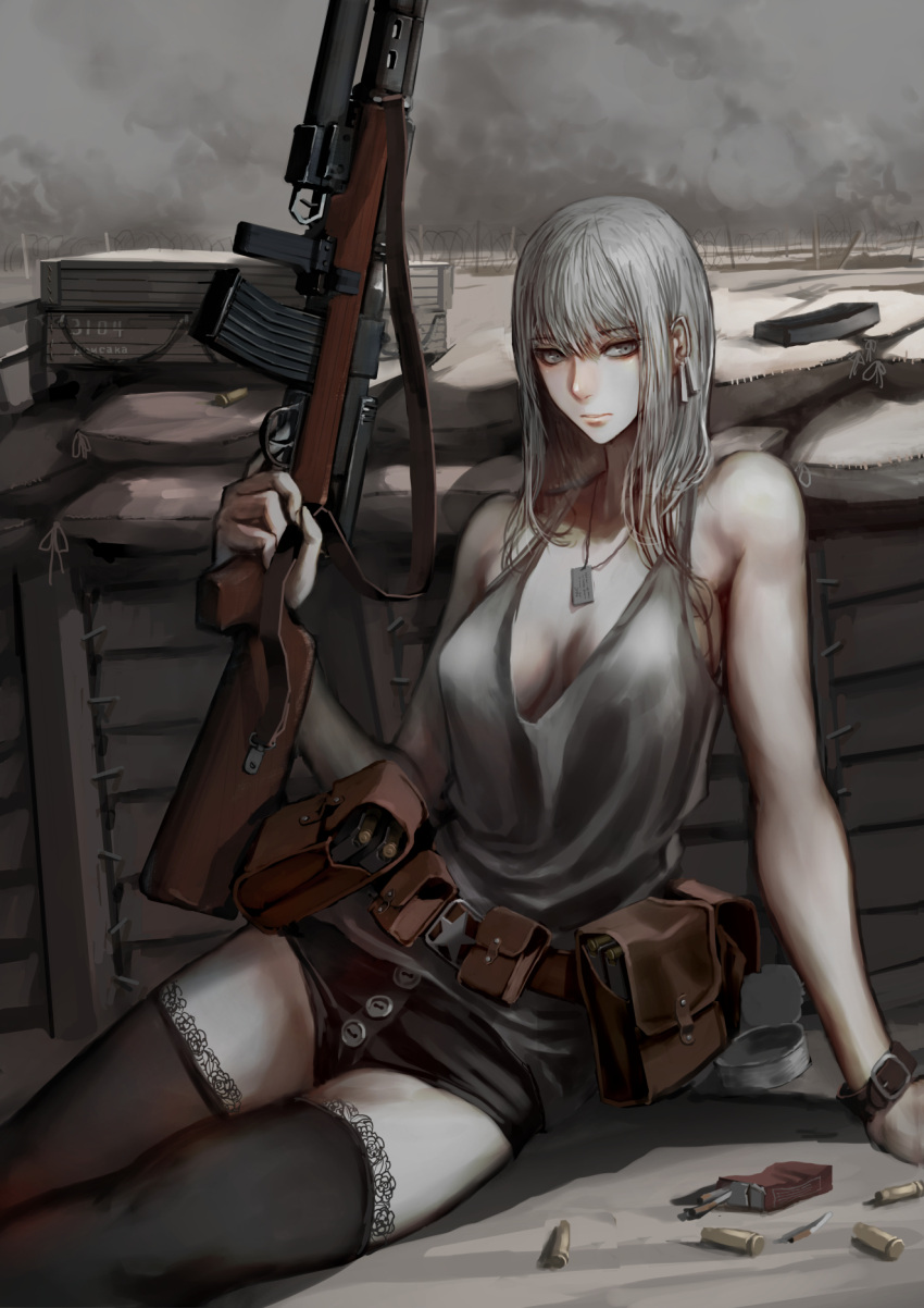 1girl assault_rifle bare_shoulders belt black_legwear breasts bullet can cigarette cigarette_box cleavage dog_tags earrings grey_eyes grey_hair gun highres holding holding_gun holding_weapon jewelry jittsu long_hair looking_at_viewer magazine_(weapon) military original pouch rifle shorts sitting solo tank_top thigh-highs trench weapon