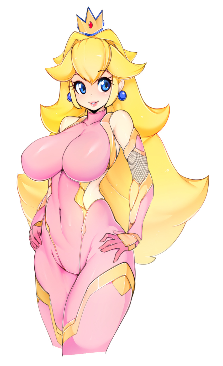 1girl bare_shoulders blonde_hair blush bodysuit breasts commentary covered_navel crown earrings elbow_gloves fishnets gloves hand_on_hip highres jewelry large_breasts legs_together lips long_hair looking_to_the_side super_mario_bros. parted_lips pink_bodysuit princess_peach shiny shiny_clothes shiny_hair shiny_skin simple_background skin_tight slugbox solo standing super_mario_bros. taimanin_(series) taimanin_asagi taimanin_suit teeth white_background