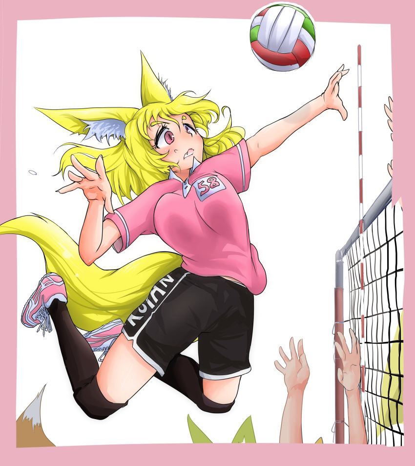 1girl animal_ears bangs black_legwear black_shorts blonde_hair blush bouncing_breasts breasts doitsuken fang fox_ears fox_tail hair_between_eyes highres jumping kneehighs long_hair medium_breasts original out_of_frame parted_lips pink_eyes pink_footwear pink_shirt shirt shoes short_sleeves shorts solo_focus tail volleyball volleyball_net