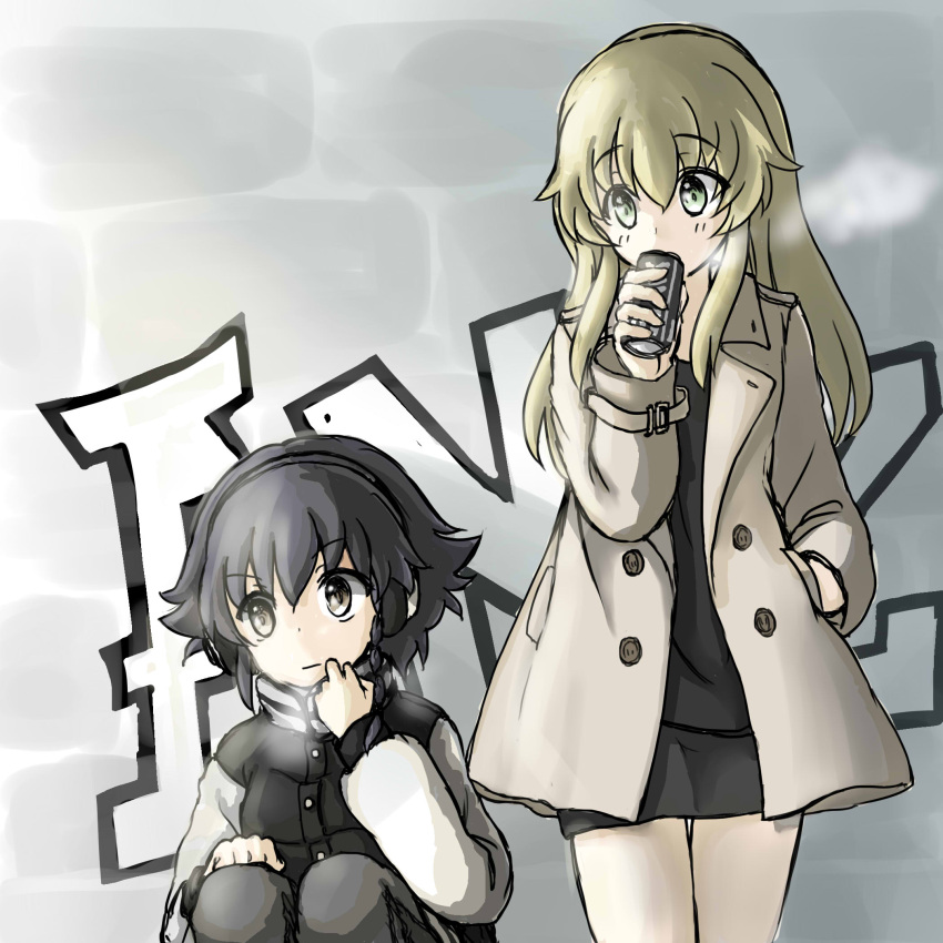 2girls bangs black_coat black_dress black_hair black_pants blonde_hair braid breath brown_eyes can carpaccio casual commentary_request dress eyebrows_visible_through_hair girls_und_panzer green_eyes hand_in_pocket highres holding long_hair long_sleeves looking_at_another looking_to_the_side multiple_girls pants pepperoni_(girls_und_panzer) short_hair side_braid sitting sketch soda_can standing wabiushi white_coat