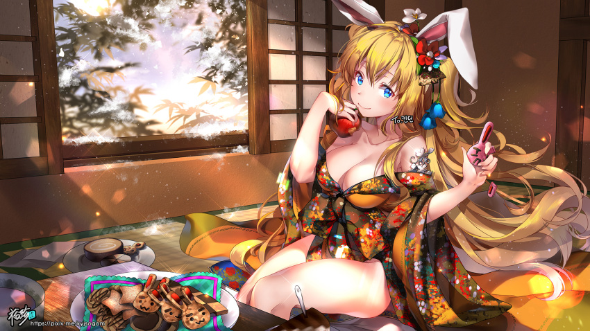 1girl animal_ears apple artist_name bare_shoulders blonde_hair blue_eyes blush breasts cake cleavage collarbone commission day eyebrows_visible_through_hair flower food fruit hair_flower hair_ornament highres holding holding_fruit indoors kyjsogom large_breasts long_hair looking_at_viewer original pixiv_username plate rabbit_ears sitting smile snow solo wallpaper watermark web_address window