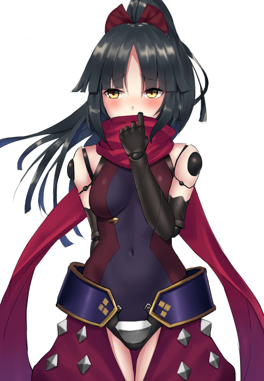 1girl absurdres black_hair blush bow breasts covered_mouth eyebrows_visible_through_hair fate/grand_order fate_(series) hair_bow highres katou_danzou_(fate/grand_order) looking_away medium_breasts phano_(125042) ponytail red_bow red_scarf scarf solo yellow_eyes