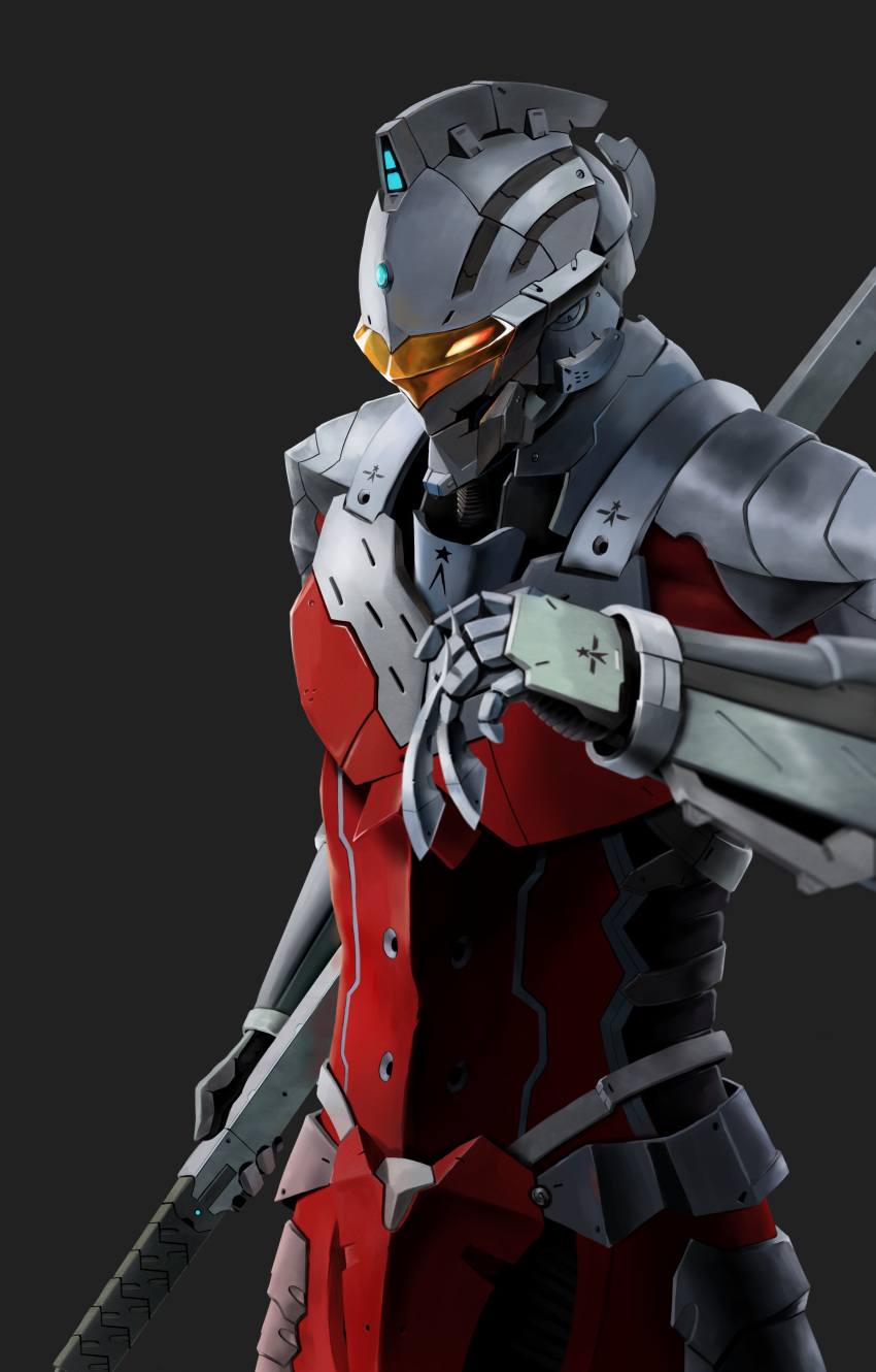 1boy absurdres armor cowboy_shot full_armor gauntlets glowing glowing_eyes grey_background helmet highres holding holding_weapon looking_at_viewer male_focus simple_background solo spaulders ultra_series ultra_seven weapon xiniu_r&amp;f_(lande_hua_hua)