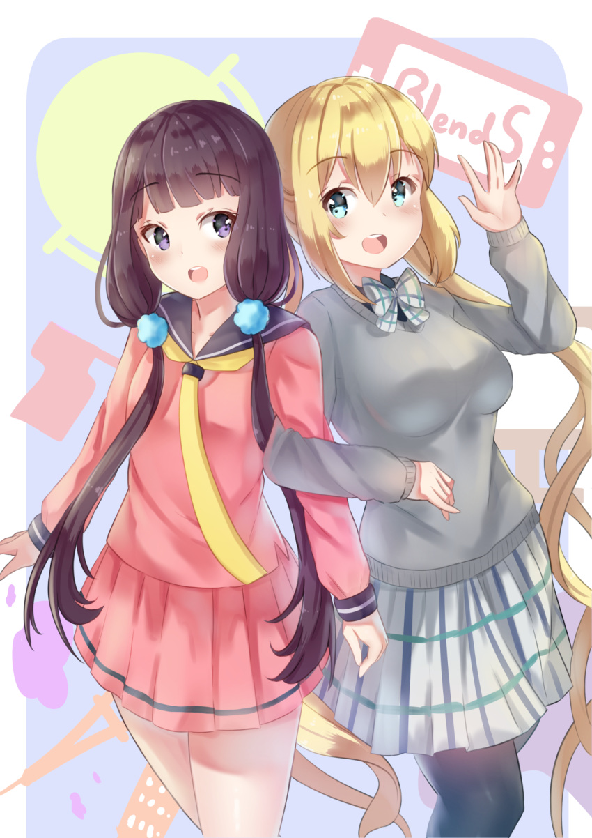 2girls absurdly_long_hair black_legwear blend_s blonde_hair blue_eyes blush breasts brown_hair copyright_name eyebrows_visible_through_hair highres hinata_kaho holmemee large_breasts long_hair looking_at_viewer medium_breasts multiple_girls open_mouth pantyhose pink_skirt sakuranomiya_maika skirt smile striped striped_skirt twintails very_long_hair violet_eyes