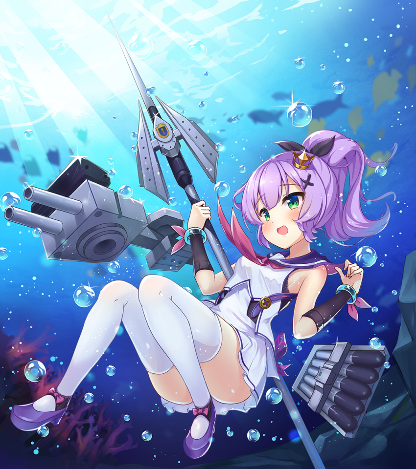 1girl 2drr :d air_bubble arm_warmers azur_lane bangle bangs black_ribbon blush bracelet bubble cannon commentary_request convenient_leg coral_reef crown dress eyebrows_visible_through_hair fish full_body green_eyes hair_ornament hair_ribbon high_heels high_ponytail highres holding javelin javelin_(azur_lane) jewelry long_hair mini_crown neckerchief object_namesake open_mouth ponytail purple_footwear purple_hair red_neckwear red_ribbon ribbon sailor_dress sleeveless sleeveless_dress smile solo submerged thigh-highs torpedo_tubes turret underwater white_dress white_legwear x_hair_ornament