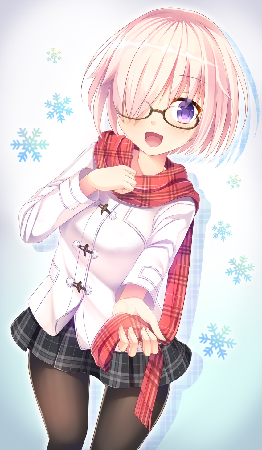 1girl bad_anatomy black_legwear black_skirt blush breasts eyebrows_visible_through_hair fate/grand_order fate_(series) glasses hair_over_one_eye highres looking_at_viewer medium_breasts open_mouth pantyhose pink_hair red_scarf scarf shielder_(fate/grand_order) short_hair skirt smile solo umitonakai violet_eyes