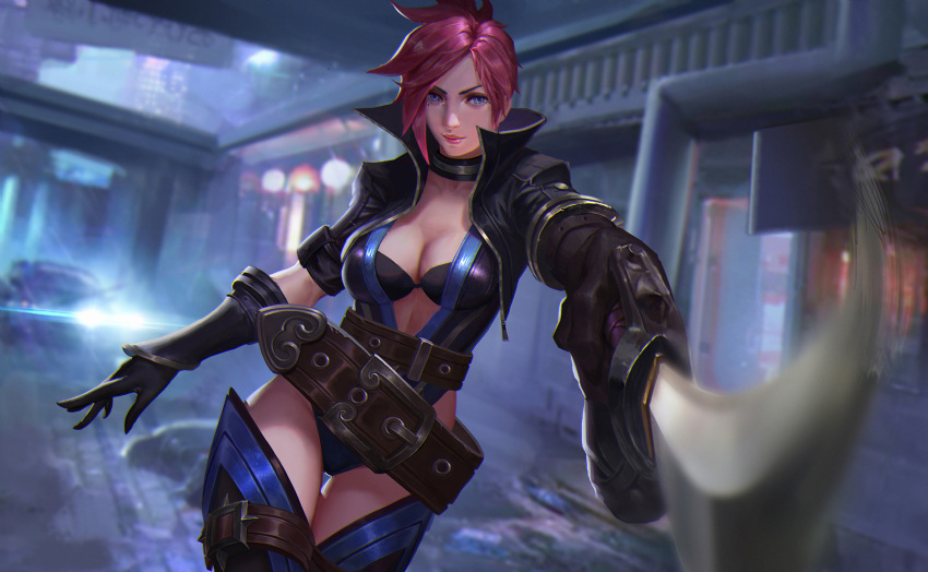 1girl aiming_at_viewer arm_at_side arm_up belt black_bra black_gloves bra breasts brown_belt buckle building car cleavage closed_mouth commentary elbow_gloves eyelashes gloves ground_vehicle highres large_belt light looking_at_viewer medium_breasts motor_vehicle outdoors perspective pink_hair pink_lips road short_hair solo standing sword underwear weapon z_boo