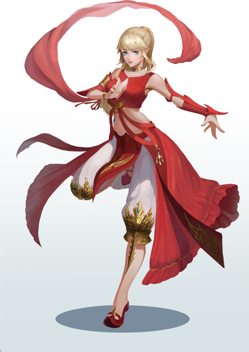 1girl absurdres blonde_hair blue_eyes breasts chika950404 cleavage detached_sleeves earrings fighting_stance final_fantasy final_fantasy_xiv highres jewelry leg_up lyse_(ffxiv) lyse_(final_fantasy_xiv) shawl simple_background smile solo