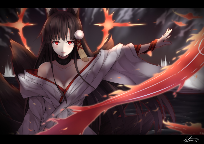 1girl akagi_(azur_lane) animal_ears aura azur_lane black_hair breasts choker cleavage clouds cloudy_sky collarbone commentary_request flight_deck fox_ears fox_tail hair_ornament highres horizon japanese_clothes jewelry kimono kitsune long_hair looking_at_viewer multiple_tails ocean parted_lips red_eyes ring sky smile solo sparkle tail tatsuno_(saya-tatsuno) uchikake wedding_band