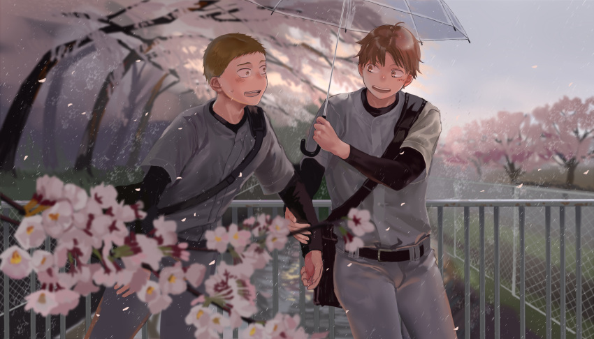 2boys :d bag baseball_uniform belt bookbag brown_hair chain-link_fence cherry_blossoms eye_contact fence highres holding_arm looking_at_another male_focus multiple_boys noasa open_mouth outdoors petals railing shared_umbrella smile sportswear sweatdrop transparent_umbrella tree umbrella