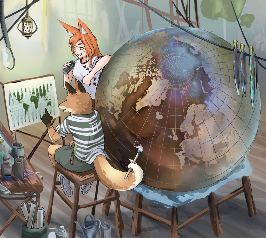 1boy 1girl :d animal_ears bangs belt black_gloves bucket doitsuken energy_drink fang fox fox_ears furry globe gloves highres holding indoors lantern long_hair map open_mouth orange_eyes orange_hair original paint paint_can pointing prehensile_tail red_eyes rope scroll shirt shoes shorts sitting smile sneakers standing stool t-shirt white_shirt