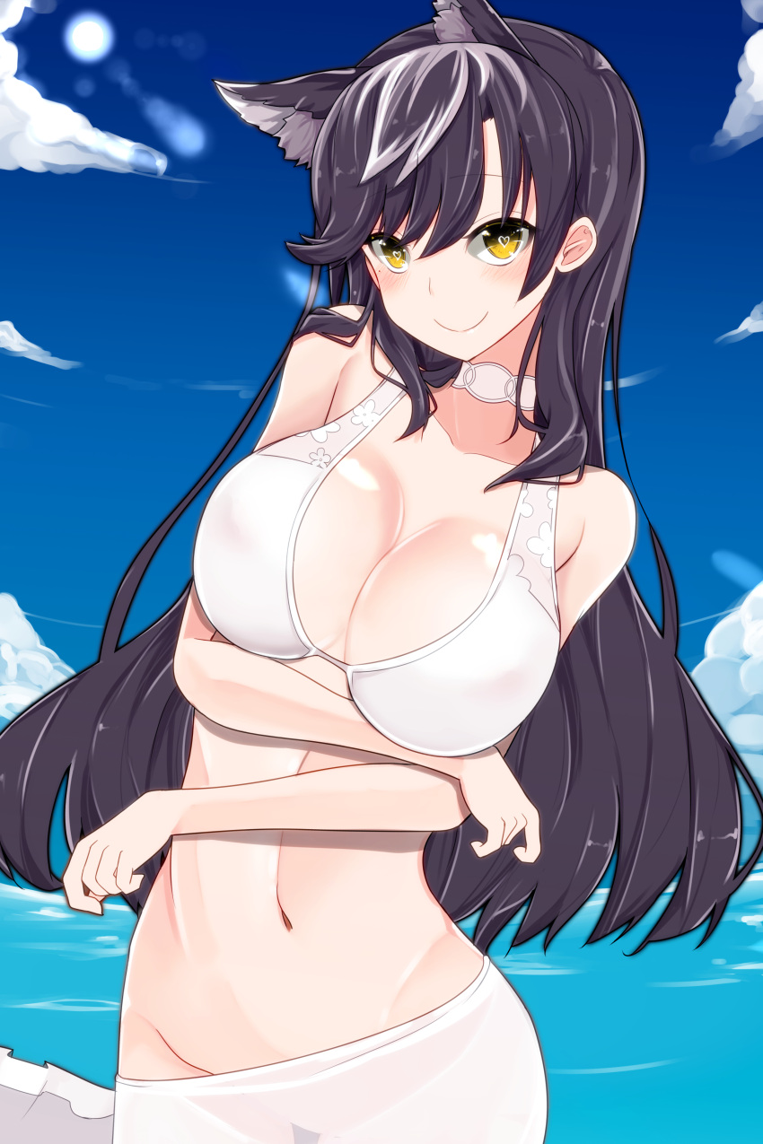 1girl absurdres animal_ears atago_(azur_lane) azur_lane bikini black_hair blue_sky blush breast_hold breasts brown_eyes choker cleavage clouds heart heart-shaped_pupils highres large_breasts long_hair looking_at_viewer mole mole_under_eye navel ocean pon_(shind_997) sky smile solo swimsuit symbol-shaped_pupils white_bikini