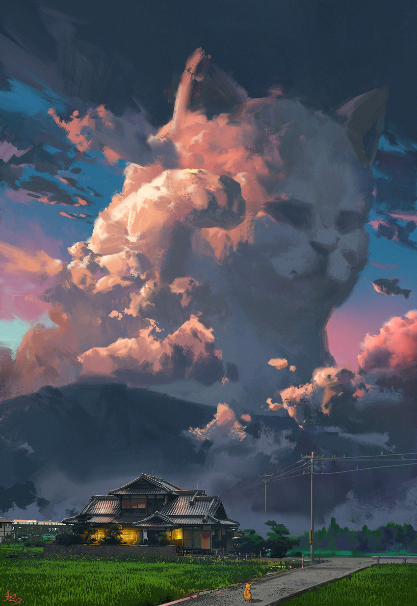 cat clouds cloudy_sky commentary_request day forest grass highres house ling_xiang nature no_humans original outdoors power_lines road scenery signature sky telephone_pole town tree