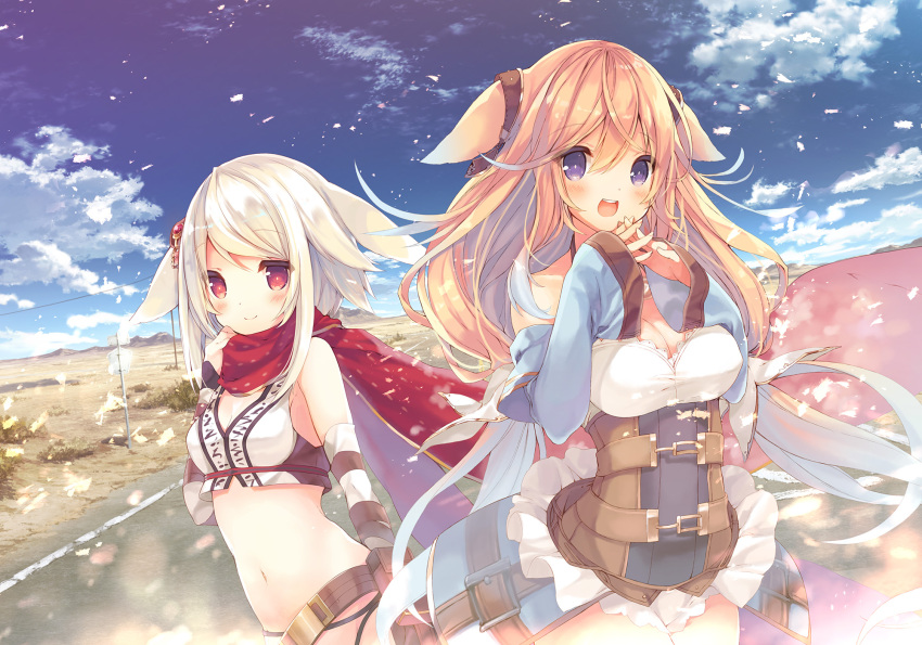 2girls animal_ears bare_shoulders belt_buckle belt_pouch blonde_hair blush breasts buckle cleavage clouds corset crop_top detached_sleeves elbow_gloves eyebrows_visible_through_hair feather_hair feathers fingers_together frills game_cg gloves hair_between_eyes hair_ornament half-skirt highres karakara_(game) karakara_2_(game) long_hair long_sleeves mari_mizuno medium_breasts multiple_girls navel official_art open_mouth outdoors p19 panties pouch rebecca_valentine red_eyes red_scarf road scarf short_hair sidelocks silver_hair skirt sky small_breasts smile strap striped striped_gloves tareme underwear upper_body violet_eyes