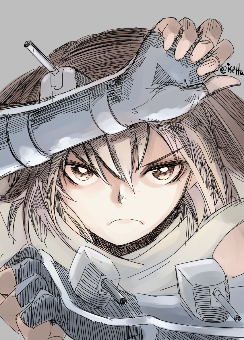 1girl arms_up black_gloves brown_eyes brown_hair cannon close-up closed_mouth elbow_gloves eyebrows_visible_through_hair fingerless_gloves frown gloves hair_between_eyes highres isetta kantai_collection looking_at_viewer machinery medium_hair remodel_(kantai_collection) scarf sendai_(kantai_collection) shaded_face solo turret twitter_username two_side_up weapon white_scarf