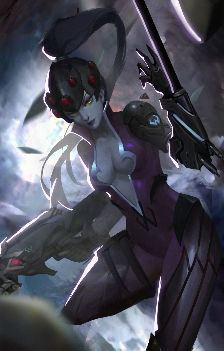 1girl absurdres black_gloves bodysuit breasts cleavage closed_mouth commentary gloves gun high_ponytail highres holding holding_gun holding_weapon long_hair looking_at_viewer md5_mismatch medium_breasts nose overwatch pauldrons ponytail purple_bodysuit purple_hair purple_lips purple_skin rifle solo weapon widowmaker_(overwatch) yellow_eyes z_boo