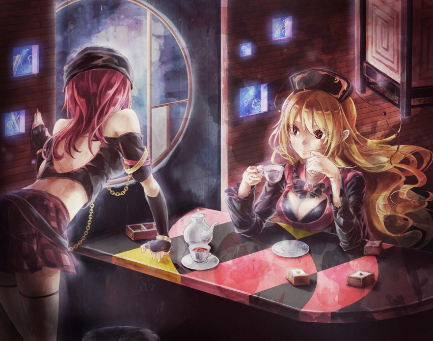 2girls bangs bare_shoulders black_gloves black_hat blonde_hair bracelet chains closed_mouth commentary_request crop_top cup fingerless_gloves gloves hat hecatia_lapislazuli highres holding holding_cup indoors jewelry junko_(touhou) leaning_forward long_hair miniskirt multiple_girls plaid plaid_skirt red_eyes red_skirt redhead saucer shometsu-kei_no_teruru sitting skirt smile table teacup teapot thigh-highs touhou wavy_hair window