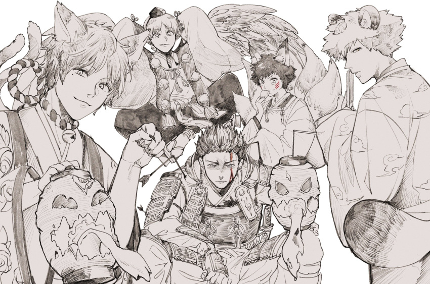 1girl 4boys :3 animal_ear_fluff animal_ears armor arms_behind_head arms_up bell blood blood_on_face cat_boy cat_ears cat_tail closed_fan eating facial_mark feathered_wings fingernails floating folding_fan food fox_ears fox_girl fox_tail furrowed_brow greyscale hand_fan haori hat highres holding holding_fan holding_food holding_lantern hosoi_maori ikoma_tatsuhito japanese_armor japanese_clothes jingle_bell karakasa_obake kariginu kimono lantern leaf leaf_on_head long_fingernails long_sleeves looking_at_viewer minamisawa_kai mizukami_satoshi_(world_trigger) mole mole_under_eye monochrome multiple_boys multiple_tails neck_bell oki_kouji paper_lantern paw_pose pom_pom_(clothes) raccoon_ears raccoon_tail rope rope_necklace shimenawa short_hair simple_background sitting sleeves_past_fingers sleeves_past_wrists smile spot_color tabi tail tengu tokin_hat tongue tongue_out torotakudon umbrella vest wings world_trigger youkai zouri