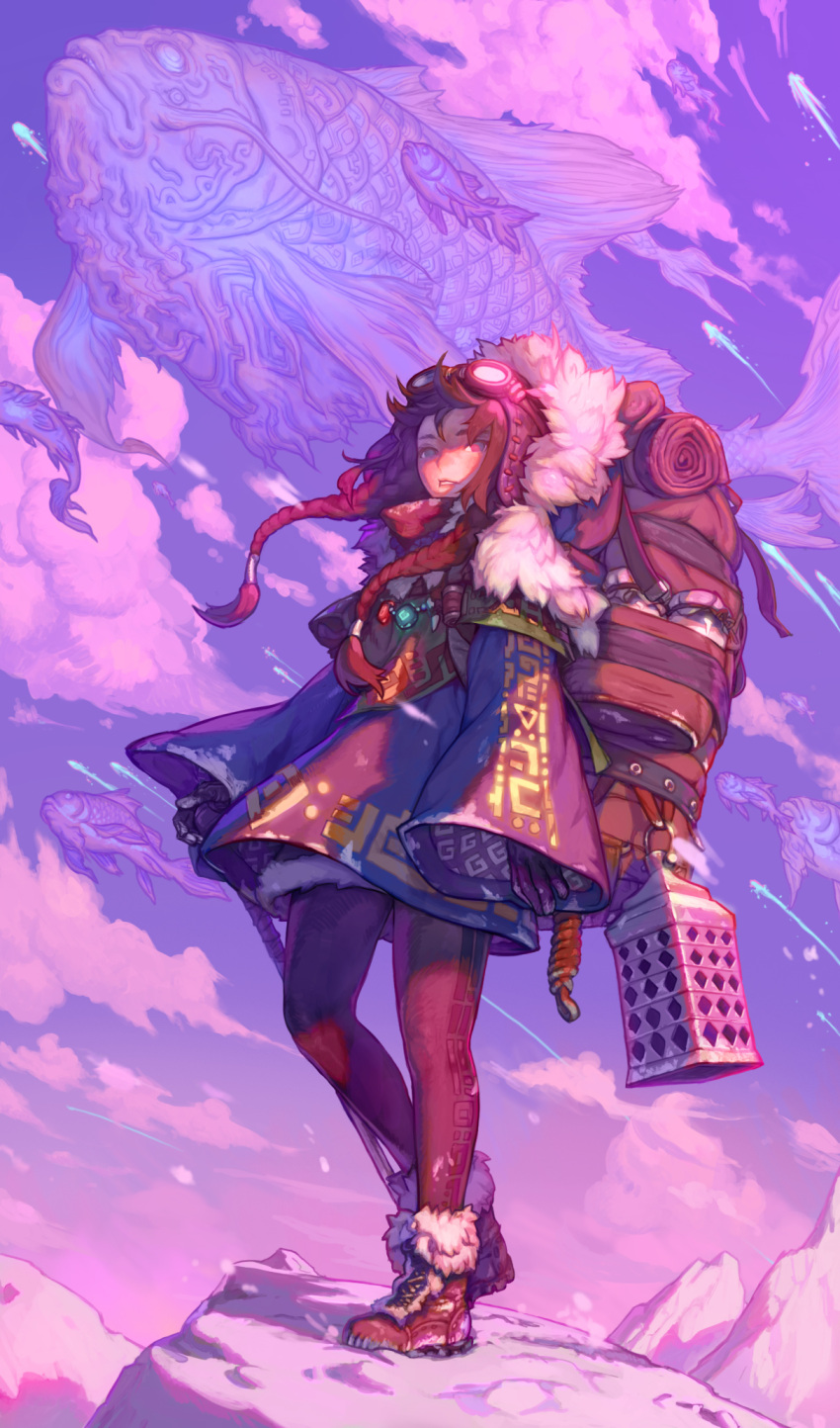 1girl ankle_boots backpack bag blank_eyes boots braid brown_footwear brown_hair clouds fish full_body fur-trimmed_boots fur_trim highres long_hair long_sleeves looking_at_viewer mountain no_pupils original outdoors purple_sky shooting_star snow solo standing twin_braids violet_eyes weltol