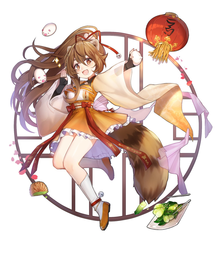 1girl animal_ears black_gloves blush breasts brown_eyes brown_hair elbow_gloves eyebrows_visible_through_hair fingerless_gloves full_body gloves highres ion_(on01e) kneehighs lantern large_breasts long_hair looking_at_viewer open_mouth original paper_lantern ponytail smile solo white_legwear