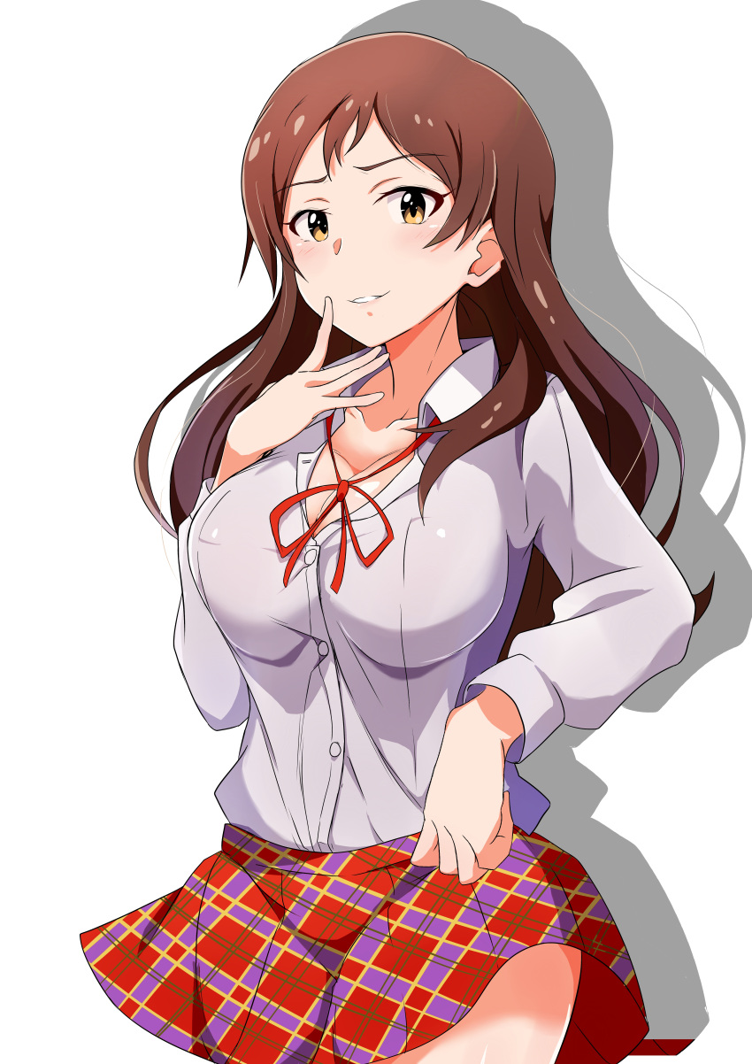 1girl absurdres blush breasts brown_eyes brown_hair cleavage highres idolmaster idolmaster_million_live! j.roswel kitazawa_shiho large_breasts lifted_by_self long_hair looking_at_viewer parted_lips school_uniform shadow skirt skirt_lift smile solo white_background
