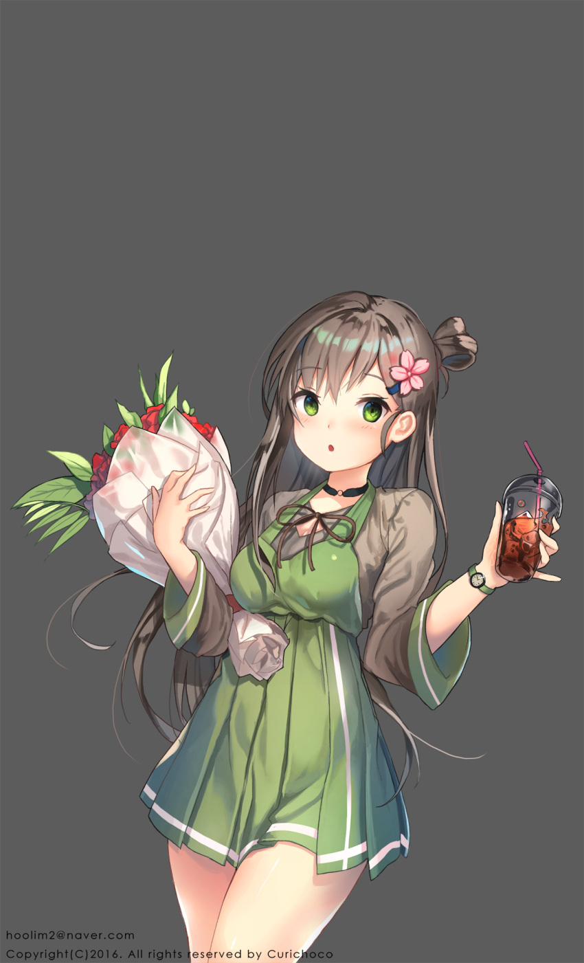 1girl :o artist_name bangs black_hair blouse blush bouquet cowboy_shot dress drinking_cup email_address eyebrows_visible_through_hair flower green_dress green_eyes green_skirt grey_background grey_blouse hands_up highres holding holding_bouquet kuri_choko long_hair looking_at_viewer one_side_up open_mouth original pinafore_dress pleated_dress pleated_skirt shiny shiny_hair simple_background skirt sleeves_past_elbows solo tsurime watch watch