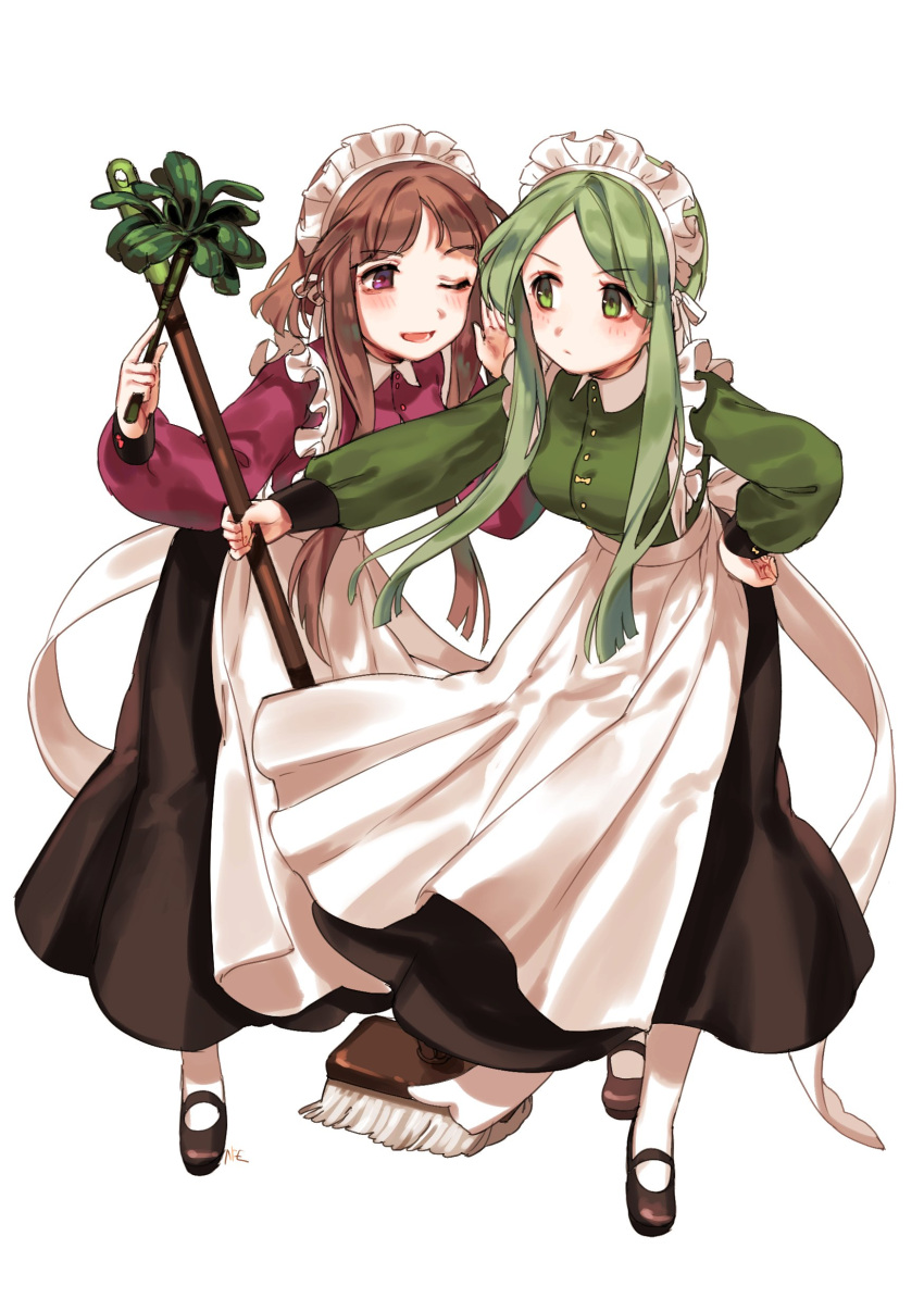 2girls absurdres alternate_costume apron brown_hair duster green_eyes green_hair highres long_hair looking_at_another maid maid_headdress mop multiple_girls nishida_satono one_eye_closed pout shan smile teireida_mai touhou violet_eyes white_background