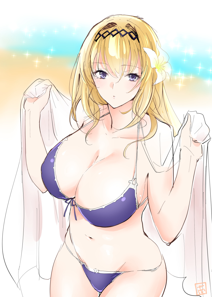 1girl absurdres bare_shoulders bikini blonde_hair blue_bikini blue_eyes breasts cleavage flower granblue_fantasy hair_flower hair_ornament hairband highres jeanne_d'arc_(granblue_fantasy) large_breasts long_hair looking_at_viewer shawl shiny slept_(re_mix) solo swimsuit