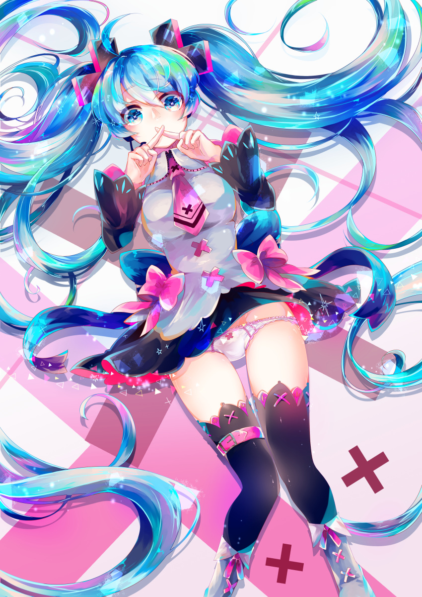 +_+ 1girl absurdres ahoge black_legwear black_skirt blue_eyes blue_hair blush boots bow buckle crossed_fingers detached_sleeves eyebrows_visible_through_hair from_above grey_footwear grey_shirt hair_between_eyes hair_ornament hatsune_miku headset highres knee_boots knees_together_feet_apart leg_belt long_hair long_sleeves looking_at_viewer lying miniskirt necktie on_back panties pantyshot pantyshot_(lying) pink_bow pink_neckwear shiny shiny_hair shirayuki_towa shirt skirt tareme thigh-highs twintails underwear upskirt very_long_hair vocaloid white_panties