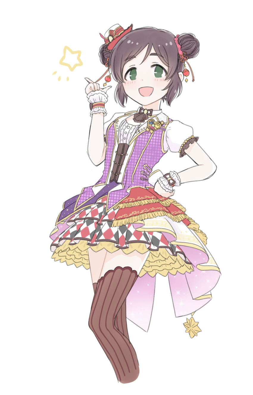 1girl :d absurdres argyle_skirt ascot black_hair black_neckwear blouse blush bodice bow bowtie breasts brooch brown_legwear buttons collar double_bun eyebrows_visible_through_hair green_eyes hair_ornament hand_on_hip hat highres idolmaster idolmaster_cinderella_girls itou_(yit0999) jewelry knee_up layered_skirt looking_at_viewer mini_hat mini_top_hat open_mouth pointing pointing_up polka_dot puffy_short_sleeves puffy_sleeves purple_vest red_skirt ribbed_legwear ribbon scrunchie sheet_music shirt short_sleeves sidelocks simple_background skirt small_breasts smile solo sparkle_print star tareme thigh-highs top_hat upper_body vest white_background white_hat white_neckwear white_shirt white_skirt wrist_cuffs wrist_ribbon yao_feifei yellow_skirt zettai_ryouiki