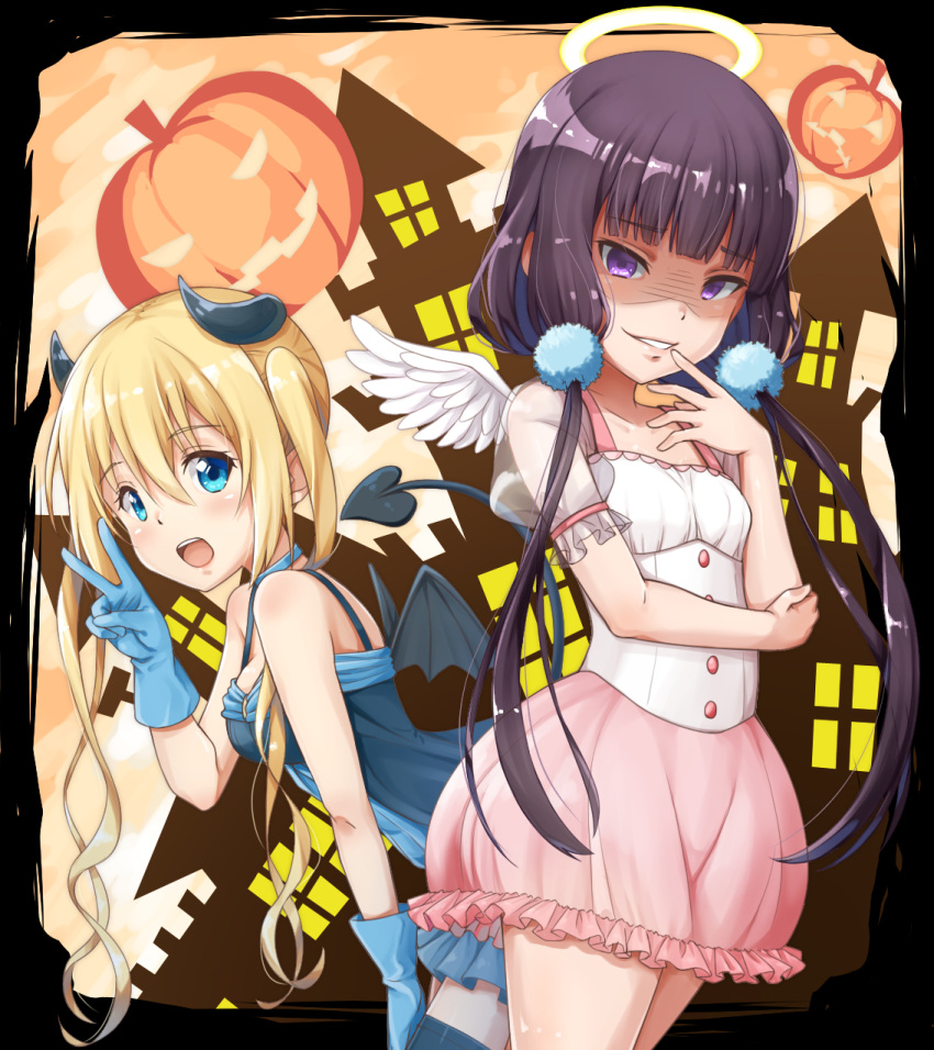2girls :d bangs blend_s blonde_hair blue_dress blue_eyes blue_gloves blunt_bangs blush border breasts brown_hair building choker collarbone cowboy_shot demon_horns demon_tail demon_wings dress evil_smile eyebrows_visible_through_hair finger_to_mouth frilled_sleeves frills gloves hair_between_eyes halloween halo hand_on_own_thigh highres hinata_kaho horns jack-o'-lantern leaning_forward long_hair looking_at_viewer low_twintails medium_breasts multiple_girls open_mouth outside_border pleated_skirt pom_pom_(clothes) saira sakuranomiya_maika shaded_face short_sleeves skirt sleeveless sleeveless_dress small_breasts smile tail thigh-highs twintails v very_long_hair violet_eyes white_wings wings