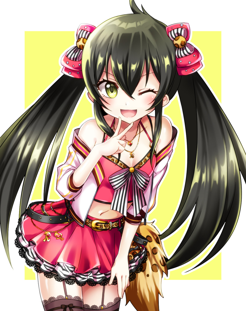 1girl :d ahoge animal_print bare_shoulders belt black_belt black_hair black_legwear blush bow breasts charm_(object) cleavage cowboy_shot crop_top cropped_jacket eyelashes fake_tail garter_straps hair_between_eyes hair_bow halterneck hand_to_own_mouth highres idolmaster idolmaster_cinderella_girls jacket jewelry lace lace-trimmed_legwear lace-trimmed_skirt layered_skirt leaning_forward leopard_print long_hair looking_at_viewer matoba_risa midriff multiple_belts multiple_necklaces navel necklace off_shoulder one_eye_closed open_mouth outline pink_bow pink_skirt pink_tank_top ribbon-trimmed_legwear ribbon_trim sheer_legwear shiny shiny_hair shiny_skin sidelocks skirt small_breasts smile solo spaghetti_strap square striped striped_bow tank_top thigh-highs tsukasa_kinako twintails v very_long_hair white_background white_jacket yellow_eyes zebra_print