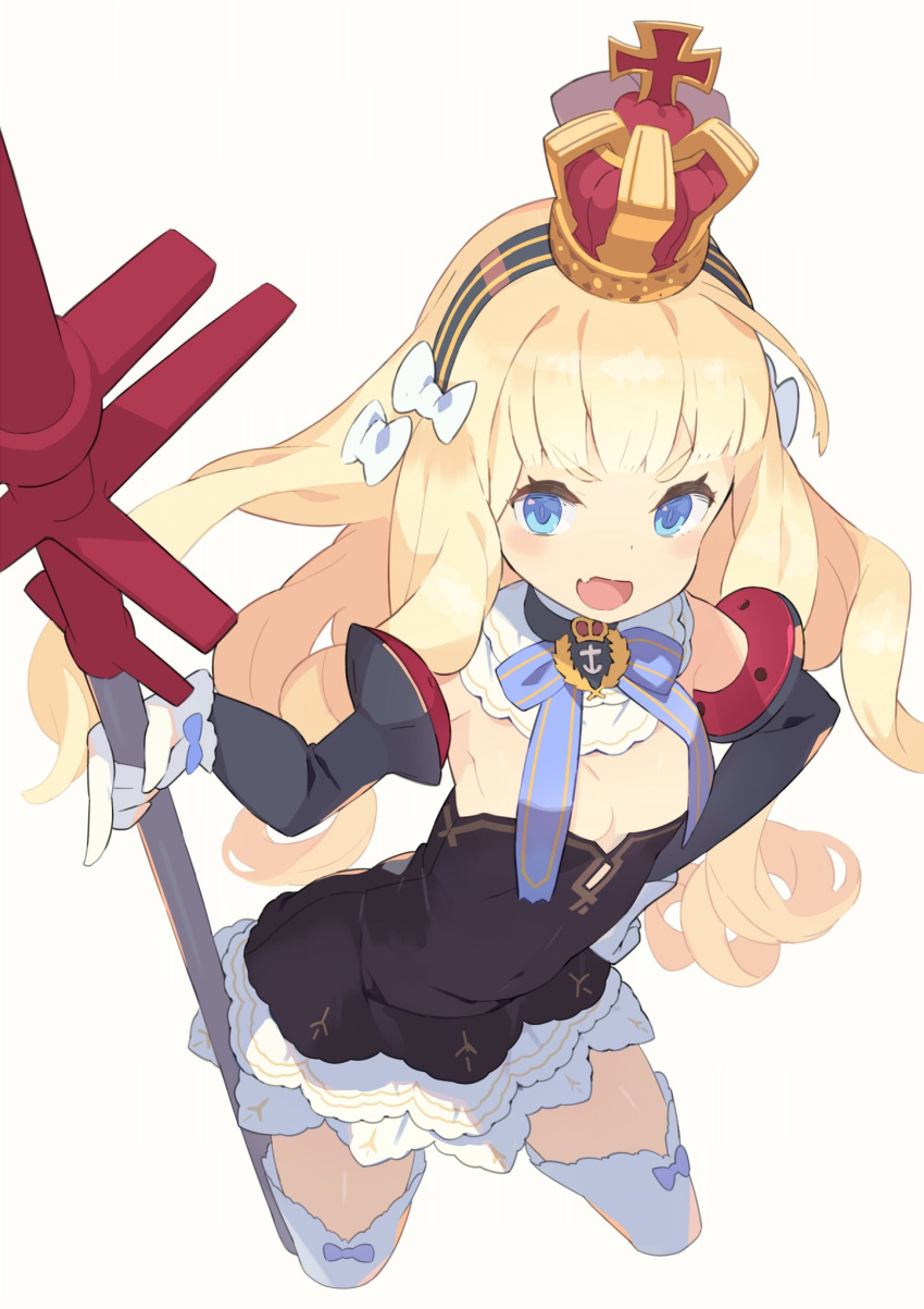 &gt;:d 1girl ahoge azur_lane bangs blonde_hair blue_eyes blush bow breasts cleavage crown curly_hair detached_collar detached_sleeves fang flat_chest gloves hair_bow hair_ornament hairband hajime_(hajime-ill-1st) headband highres holding holding_staff holding_weapon long_hair looking_at_viewer mini_crown neck_bow open_mouth queen_elizabeth_(azur_lane) ribbon simple_background smile solo staff thigh-highs v-shaped_eyebrows weapon white_background white_gloves white_legwear