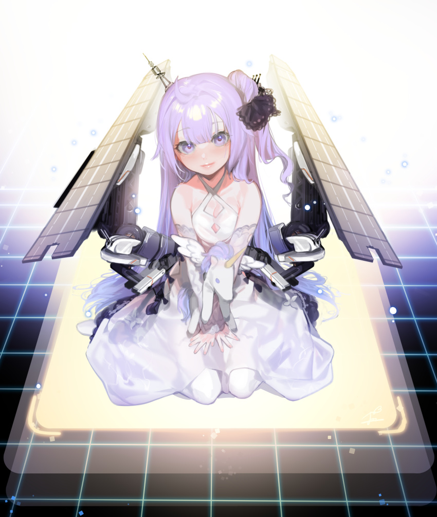 1girl absurdres azur_lane bangs bare_shoulders blunt_bangs blush breasts closed_mouth criss-cross_halter detached_sleeves dress eyebrows_visible_through_hair fingernails flight_deck halterneck highres long_hair looking_at_viewer machinery nail_polish no_shoes ohisashiburi pantyhose pink_nails purple_hair sitting small_breasts smile solo stuffed_animal stuffed_toy stuffed_unicorn unicorn_(azur_lane) v_arms very_long_hair violet_eyes wariza white_dress white_legwear