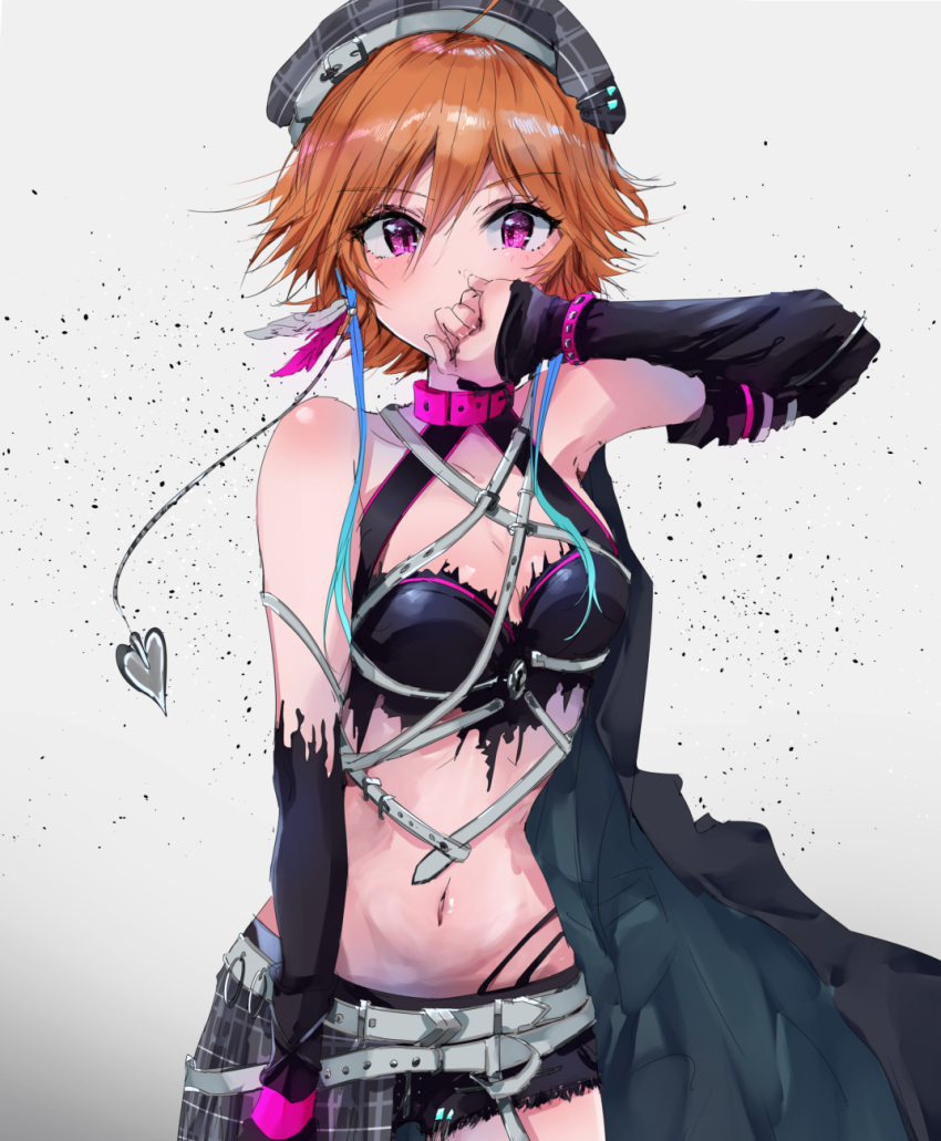 1girl ahoge armpit_peek bare_shoulders belt beret body_blush breasts cape choker cleavage clenched_hand covered_mouth detached_sleeves dust eyebrows_visible_through_hair eyes_visible_through_hair feathers gradient gradient_background grey_background groin hair_extensions hand_to_own_mouth hat highlights highres hot idolmaster idolmaster_cinderella_girls looking_at_viewer medium_breasts multicolored_hair multiple_belts najuco_(naju0517) navel ninomiya_asuka orange_hair pink_eyes pink_hair pink_neckwear plaid plaid_skirt short_shorts shorts skirt solo torn_clothes two-tone_hair upper_body