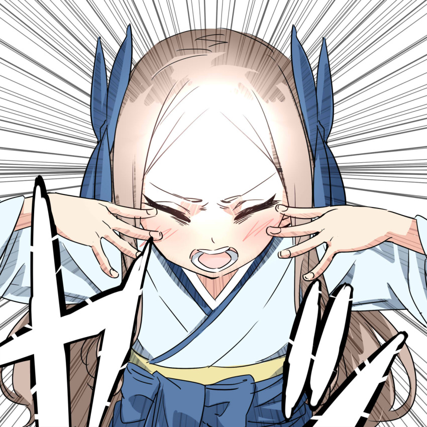 1girl asakaze_(kantai_collection) bangs blue_bow blush bow brown_hair closed_eyes commentary dragon_ball ebifurya emphasis_lines forehead hair_bow hands_up highres kantai_collection long_hair long_sleeves open_mouth parted_bangs sidelocks solo taiyouken upper_body