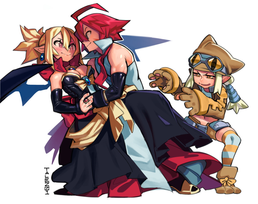 1boy 2girls adell_(disgaea) animal_hat artist_name back_bow black_dress blonde_hair bow breasts cat_hat cleavage couple dancing demon_girl demon_wings disgaea dress earrings eye_contact gloves goggles goggles_on_head hat highres jewelry looking_at_another makai_senki_disgaea_2 midriff multiple_girls navel necklace necktie paw_boots paw_gloves paws pointy_ears popped_collar redhead ribbon ring rozalin scar shawl short_shorts shorts simple_background smile stomach talez01 thief_(disgaea) white_background wings