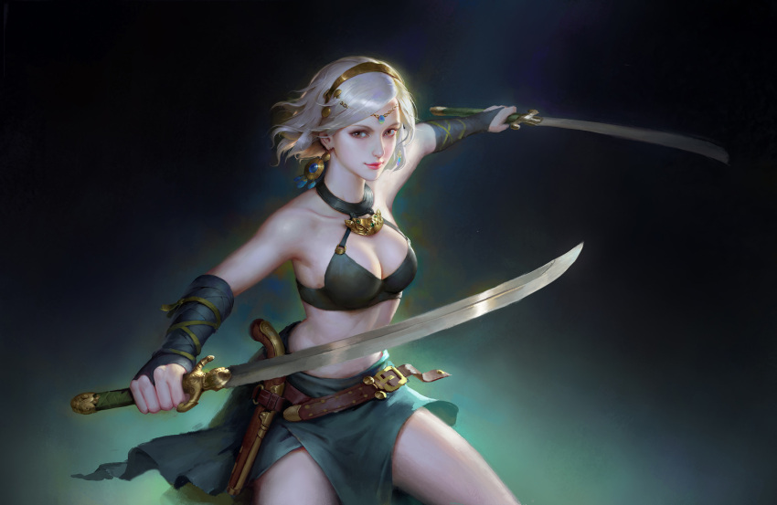 1girl black_bra black_gloves bra breasts brown_eyes circlet cleavage clenched_hand closed_mouth dual_wielding earrings elbow_gloves fighting_stance fingerless_gloves forehead_jewel gloves gold highres holding holding_sword holding_weapon jewelry lips looking_at_viewer medium_breasts nose pink_lips smile smirk solo stomach sword tiara underwear weapon wenfei_ye white_hair